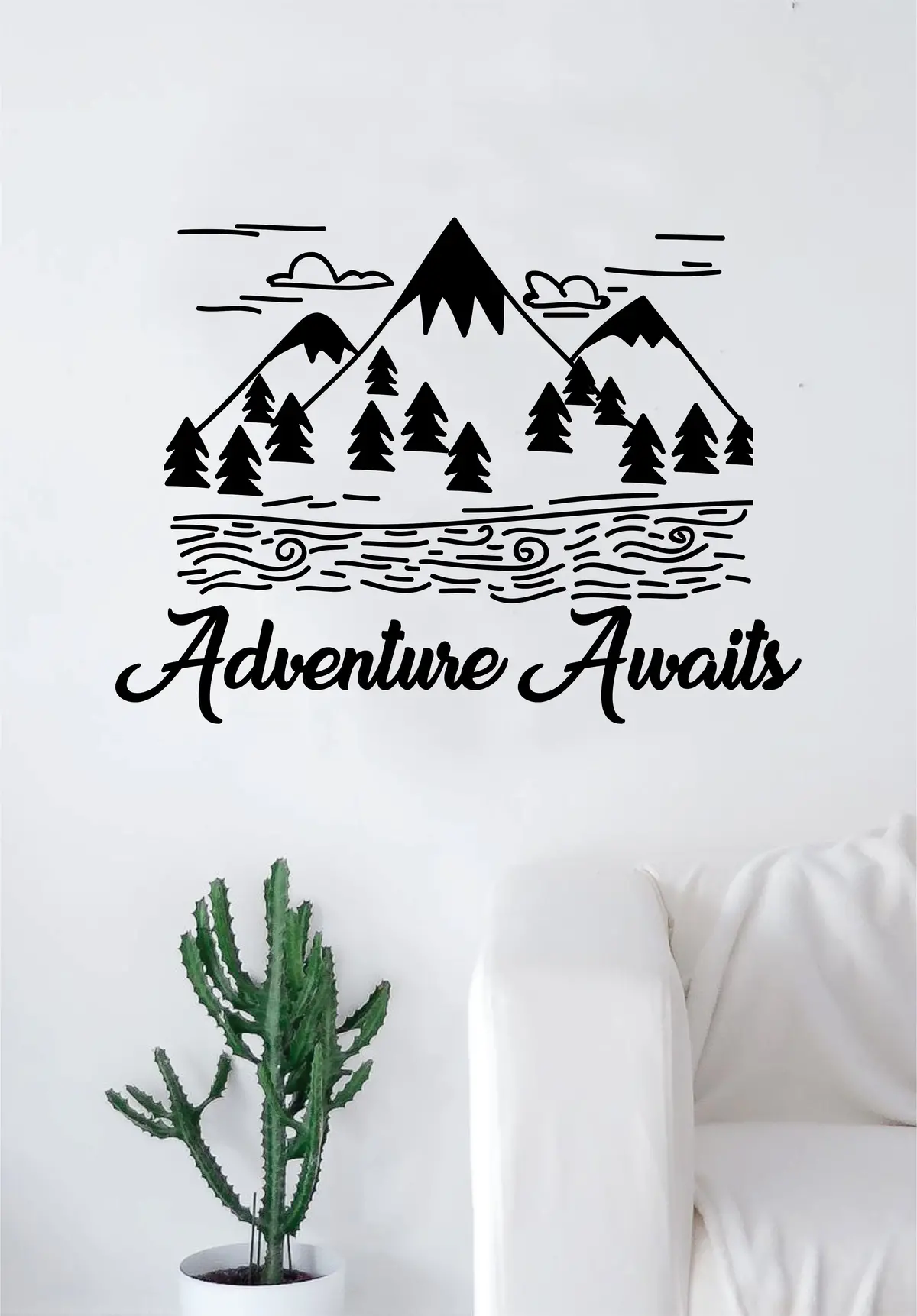 Adventure Awaits V9 Quote Decal Sticker Wall Vinyl Art Home Room Decor Travel Inspirational Wanderlust Mountains Trees 1