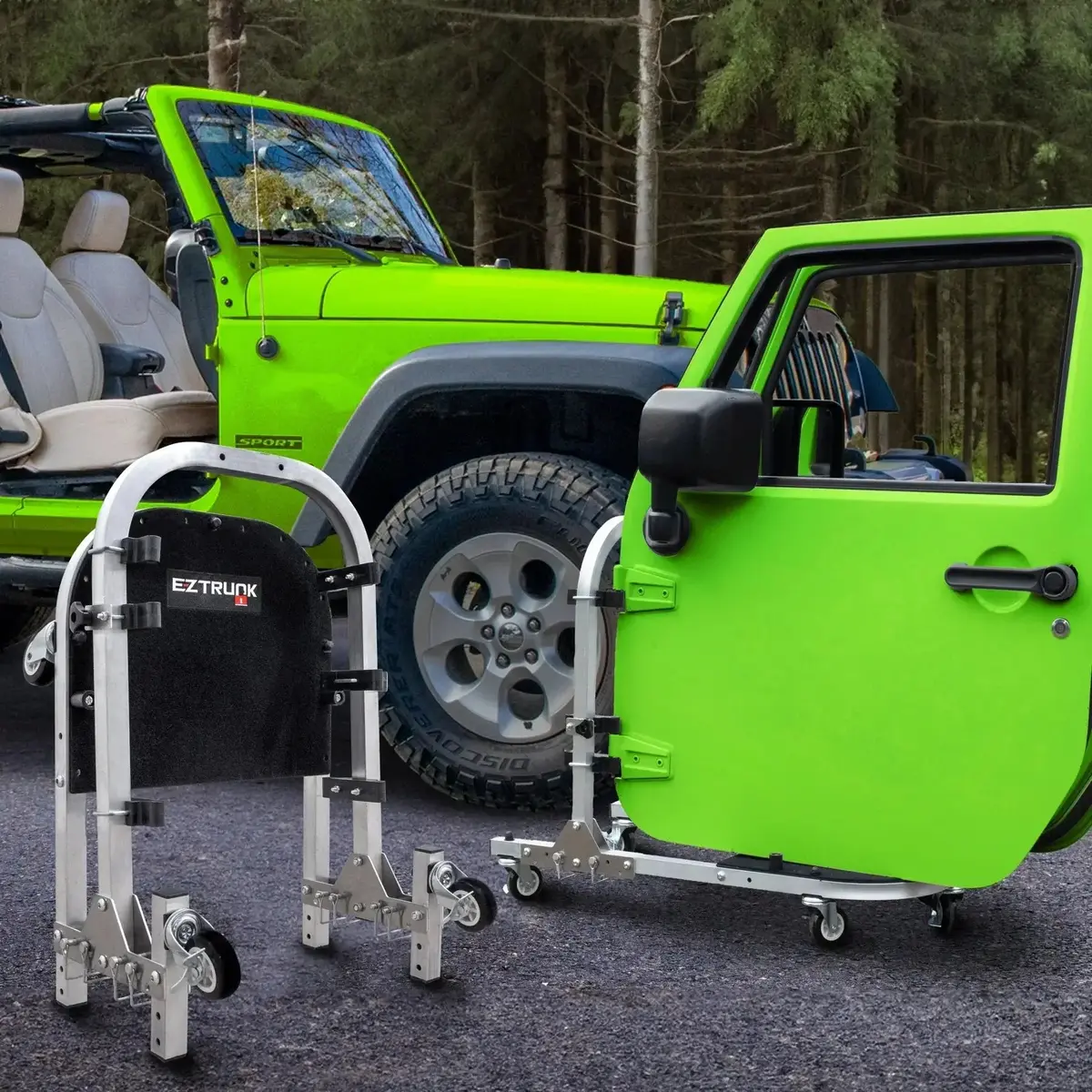Ez4x4 Aluminum Folding Rolling Door Cart For Jeep Wrangler 2-Door – Storage Rack Holder Stand With Locking Casters, Lightweight, Black 1