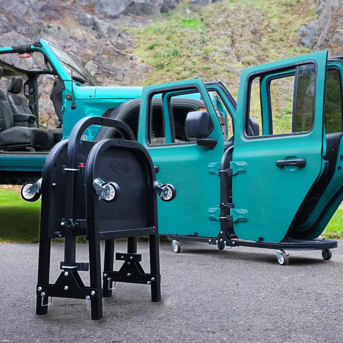 Ez4x4 Aluminum Folding Rolling Door Cart For Jeep Wrangler 4-Door – Storage Rack Holder Stand With Locking Casters, Lightweight, Black 1
