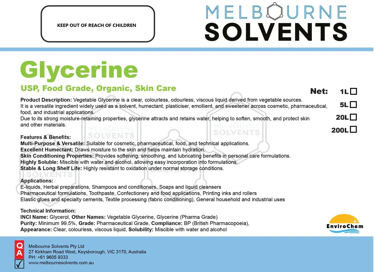 Glycerine, Organic, Pure Vegetable Glycerine (Vg) British Pharmacopoeia (Bp) (100% Food Grade) 1