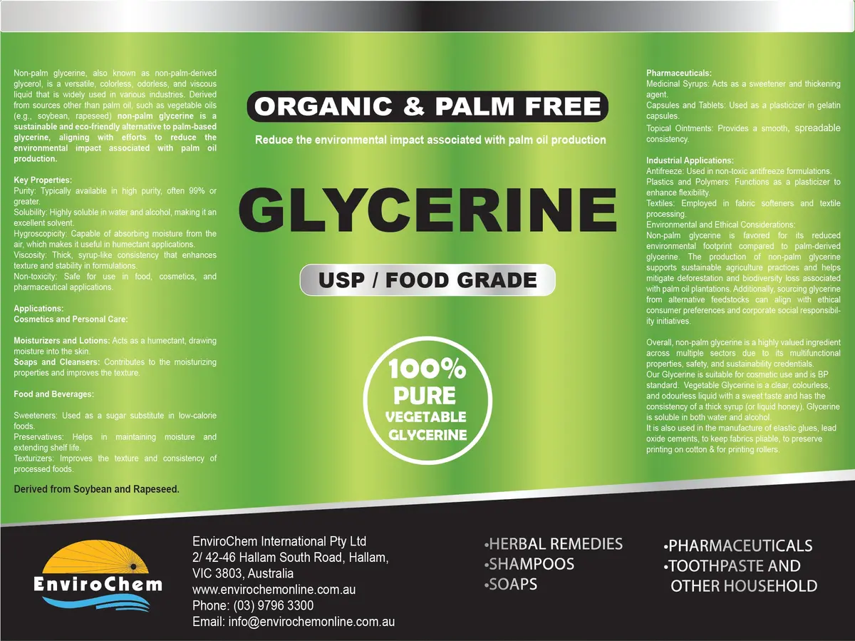 Glycerine (Palm Free) Organic, Usp/Food Grade (Soybean, Rapeseed Based) 1