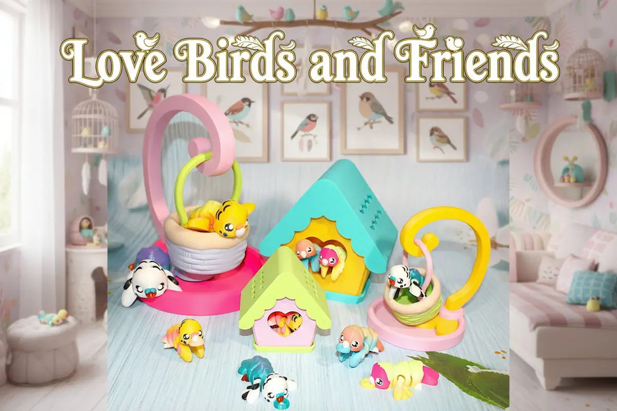 Love Birds And Friends With Swinging Basket Or House Options-3D Printed 1