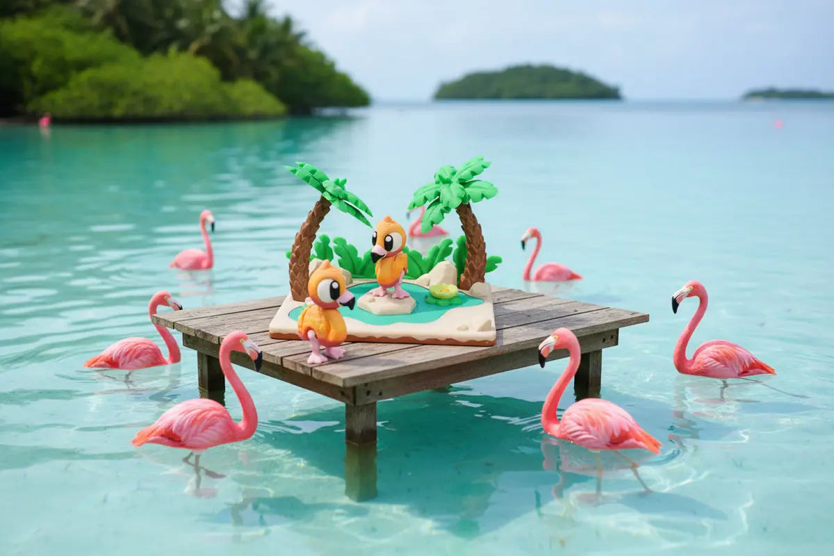 Flexi Flamingo And Mini Lagoon Showcase-3D Printed Flexi Fidget- Comes With 2 Flamingos 1