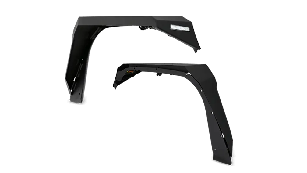 Body Armor Front Fender Flares - Textured Black Powder-Coated Steel - Fits 2018-2025 Jeep Wrangler Jl & Gladiator Jt (Flat Style, 7-1/2 Inch Tire Coverage, Includes Lights) 1