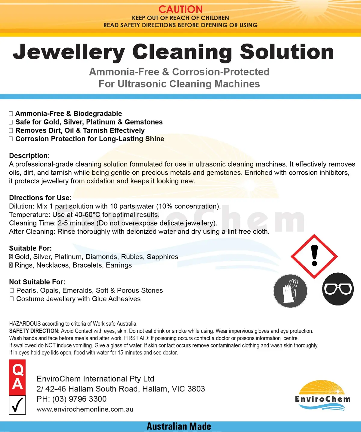 Jewellery Cleaning Solution For Ultrasonic Cleaning Machines, Australian Made 1