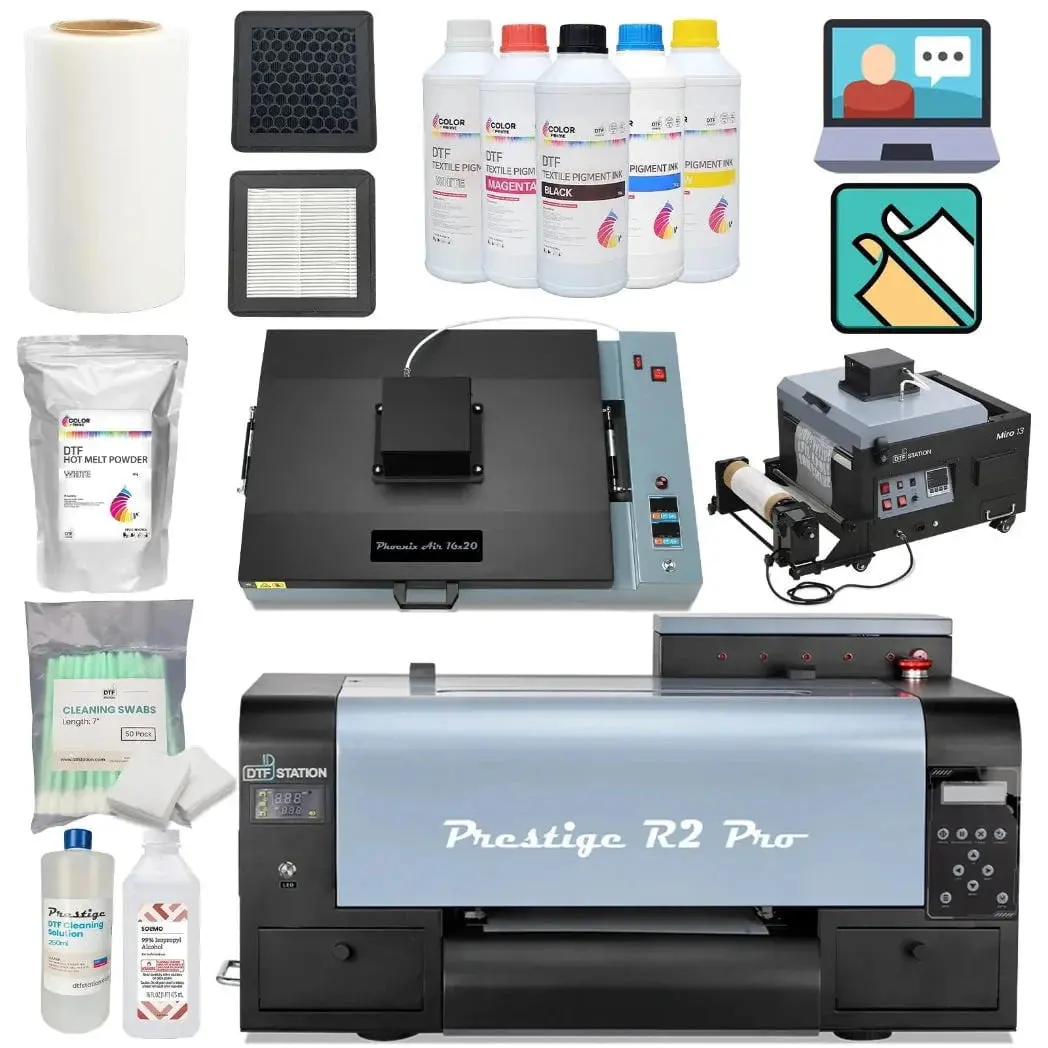 $295/Month – Prestige R2 Pro 13” Dtf Printer + Miro 13 Max Powder Shaker + Phoenix Air 16X20" Curing Oven | Dual Epson I1600 | A3 Roll-To-Roll | 110V 1