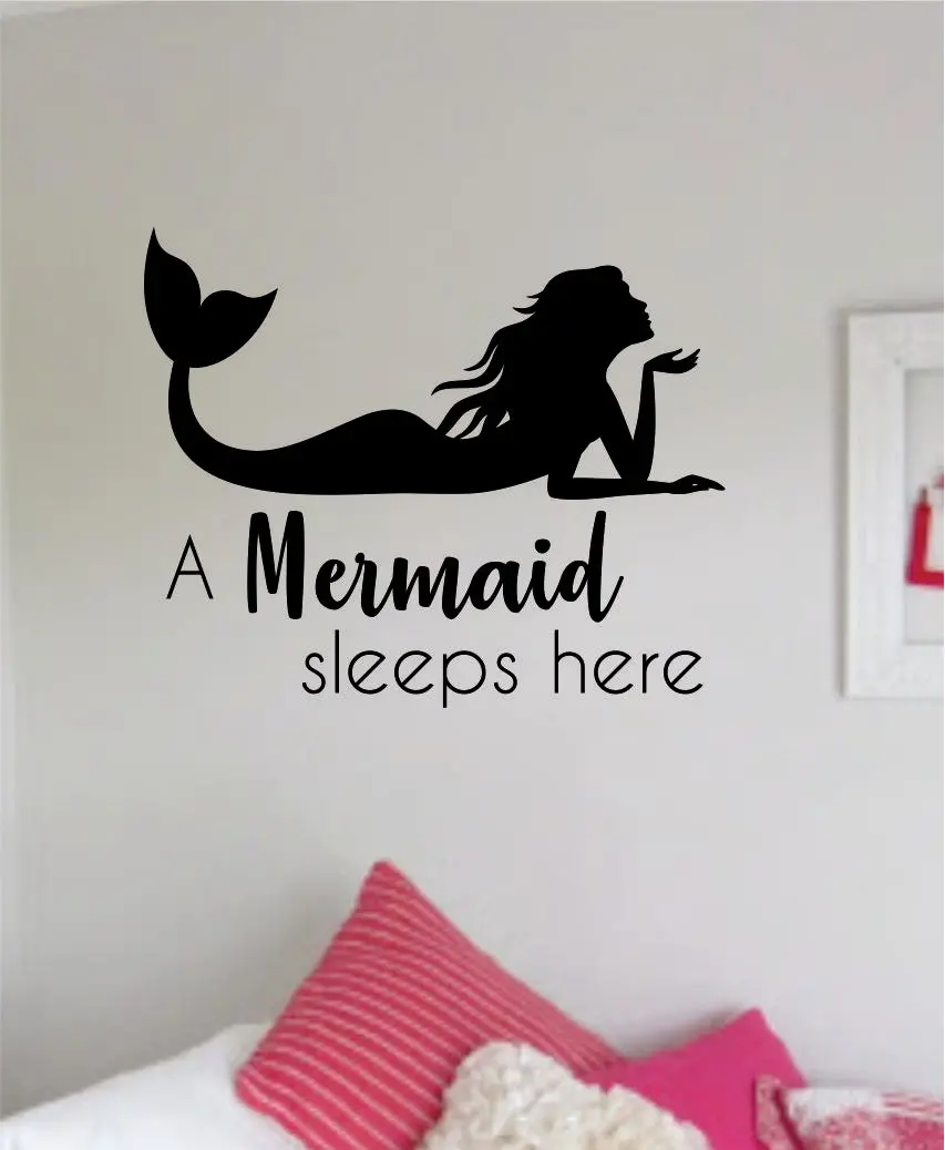 A Mermaid Sleeps Here Wall Decal Sticker Vinyl Art Decor Room Bedroom Inspirational Girls Teen Ocean Beach Sea Cute Quote Baby Nursery 1