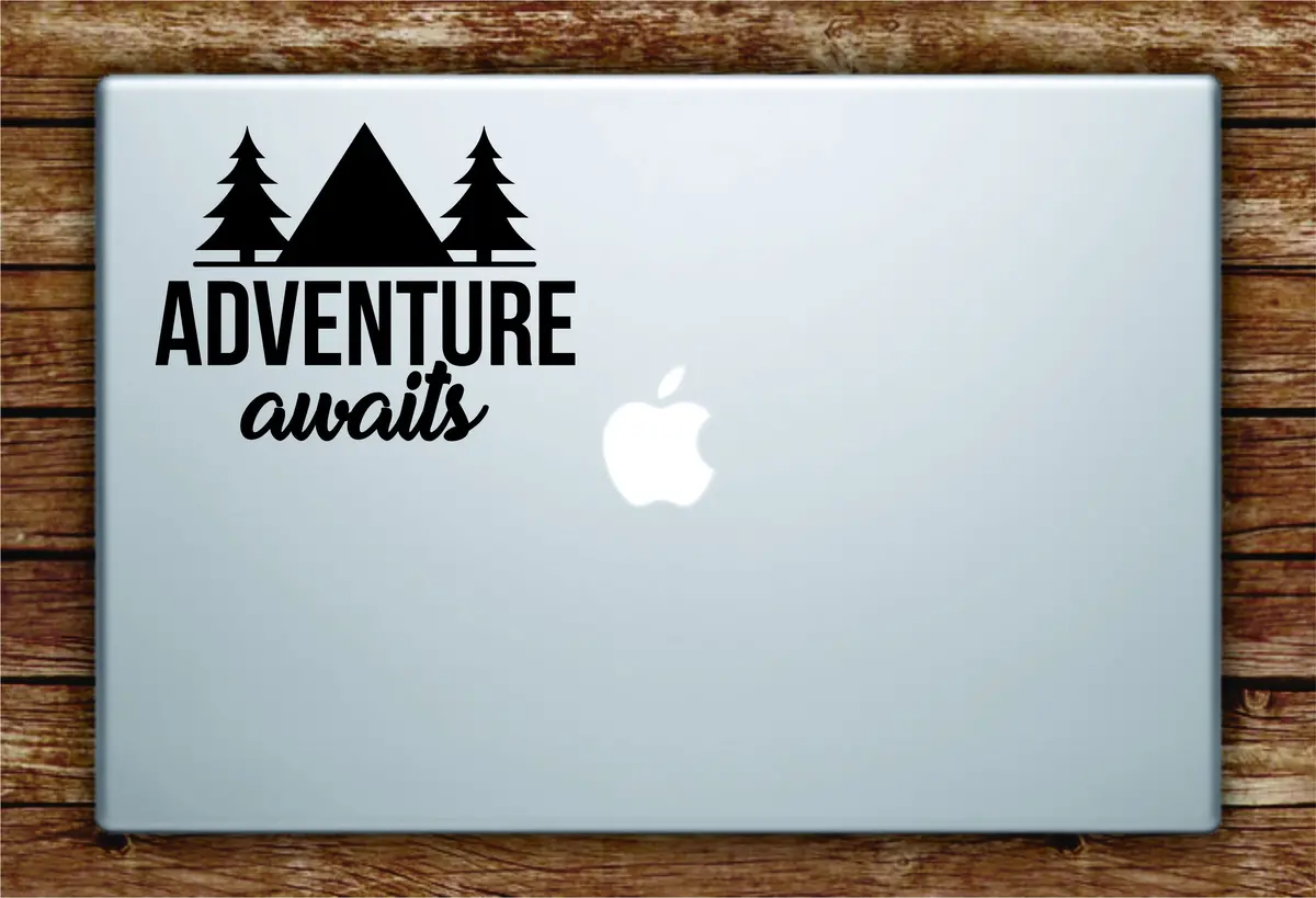 Adventure Awaits Laptop Apple Macbook Quote Wall Decal Sticker Art Vinyl Explore Travel Wanderlust Mountains Trees Hike Cute 1