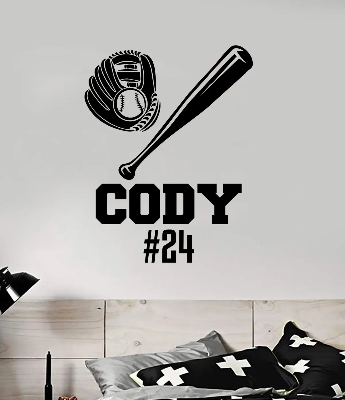 Baseball Bat And Glove Custom Name Wall Decal Sticker Vinyl Art Home Decor Inspirational Nursery Boys Girls Sports Teen Ball Pitcher Homerun Kids Softball Customized Personalized Jersey Number 1