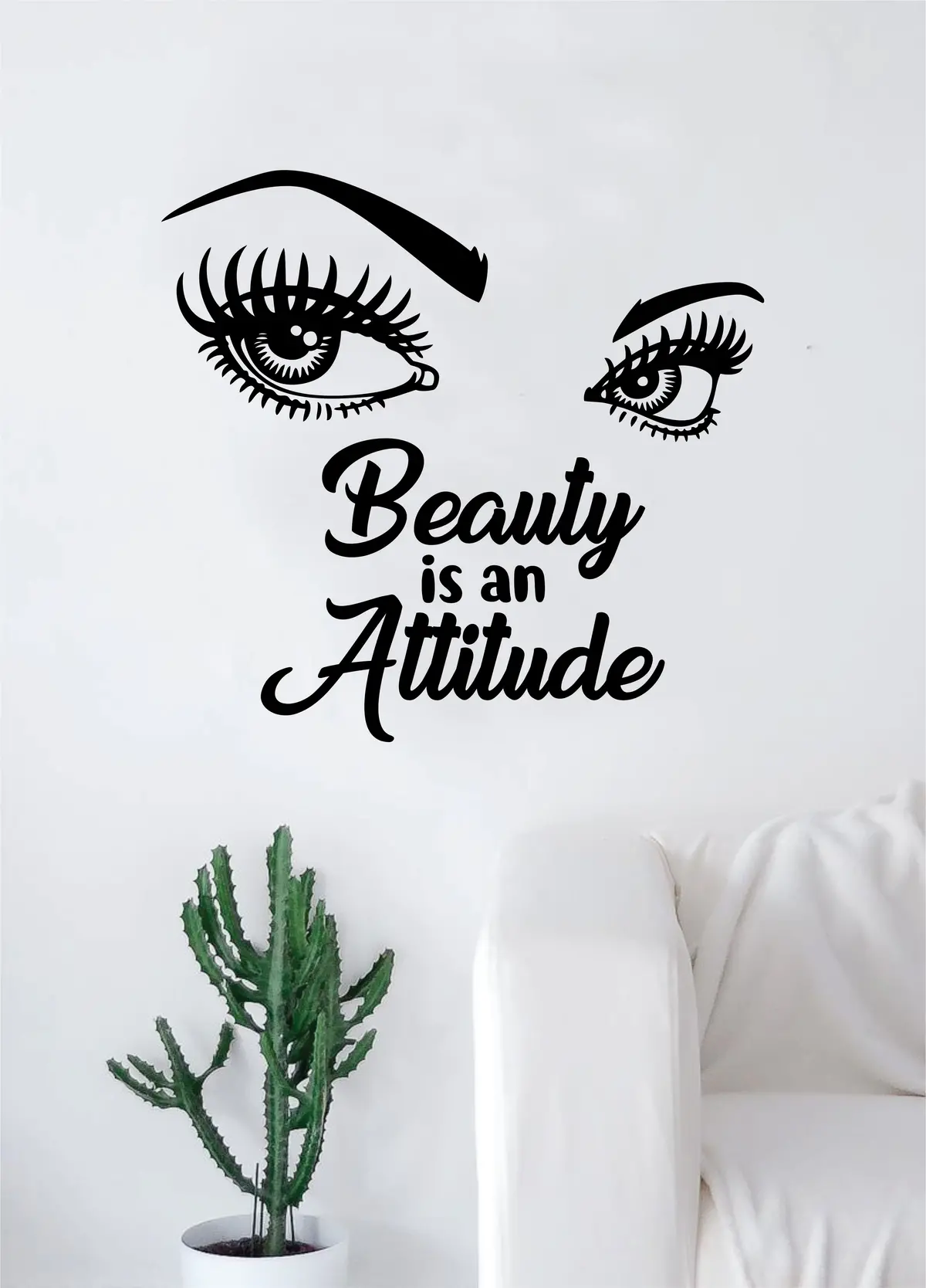 Beauty Is An Attitude Girl Eyes Quote Beautiful Design Decal Sticker Wall Vinyl Decor Art Eyebrows Eyelashes Lashes Make Up Cosmetics Beauty Salon Mua 1