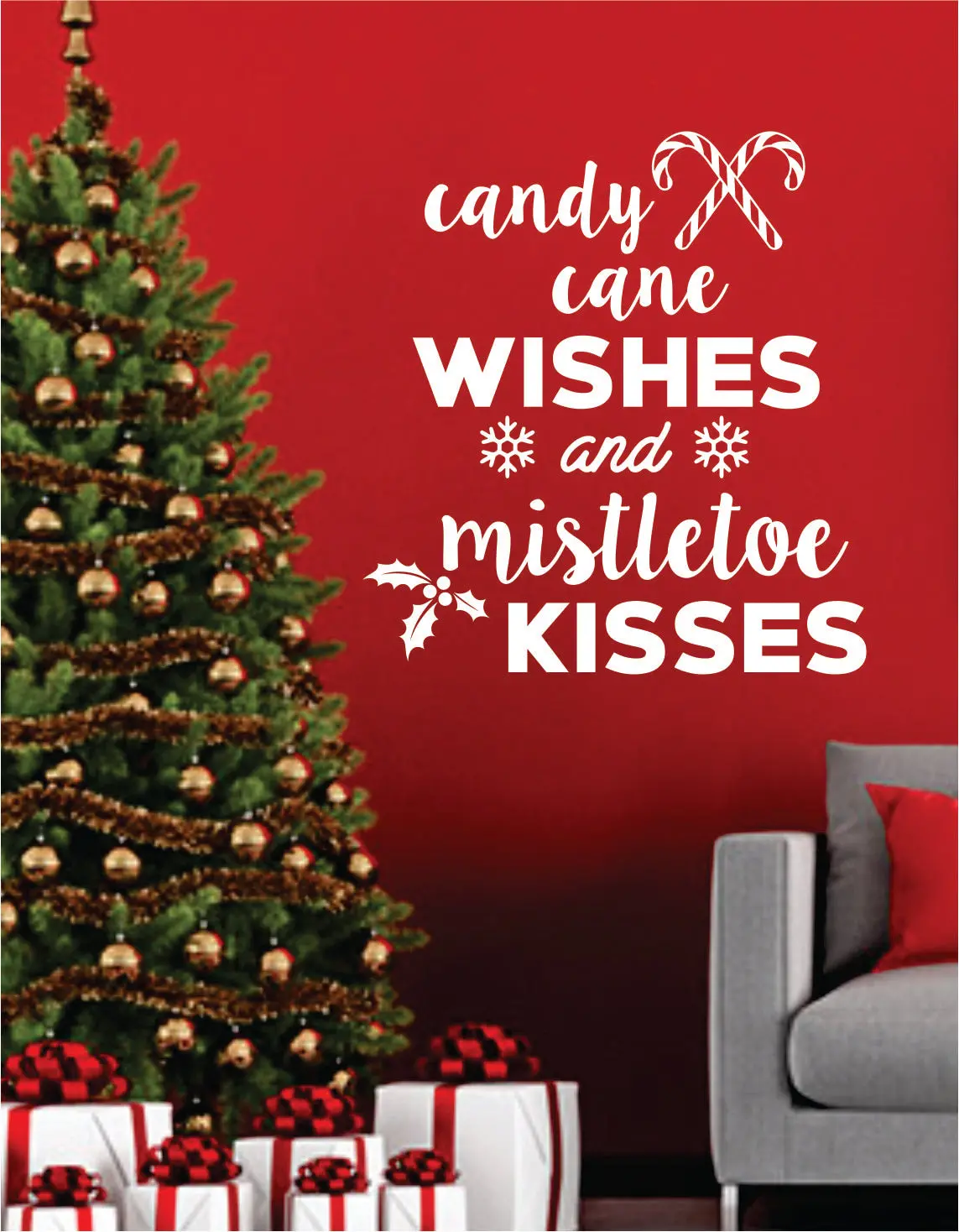 Candy Cane Wishes And Mistletoe Kisses Quote Wall Decal Sticker Bedroom Living Room Art Vinyl Beautiful Inspirational Decor Christmas Xmas Tree Joy Santa Decoration Holidays 1