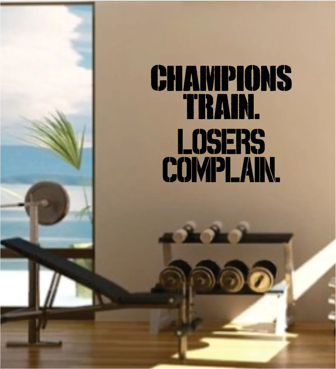 Champions Train Losers Complain Gym Fitness Health Work Out Decal Sticker Wall Vinyl Art Wall Room Decor Weights Dumbbell Motivation Inspirational 1
