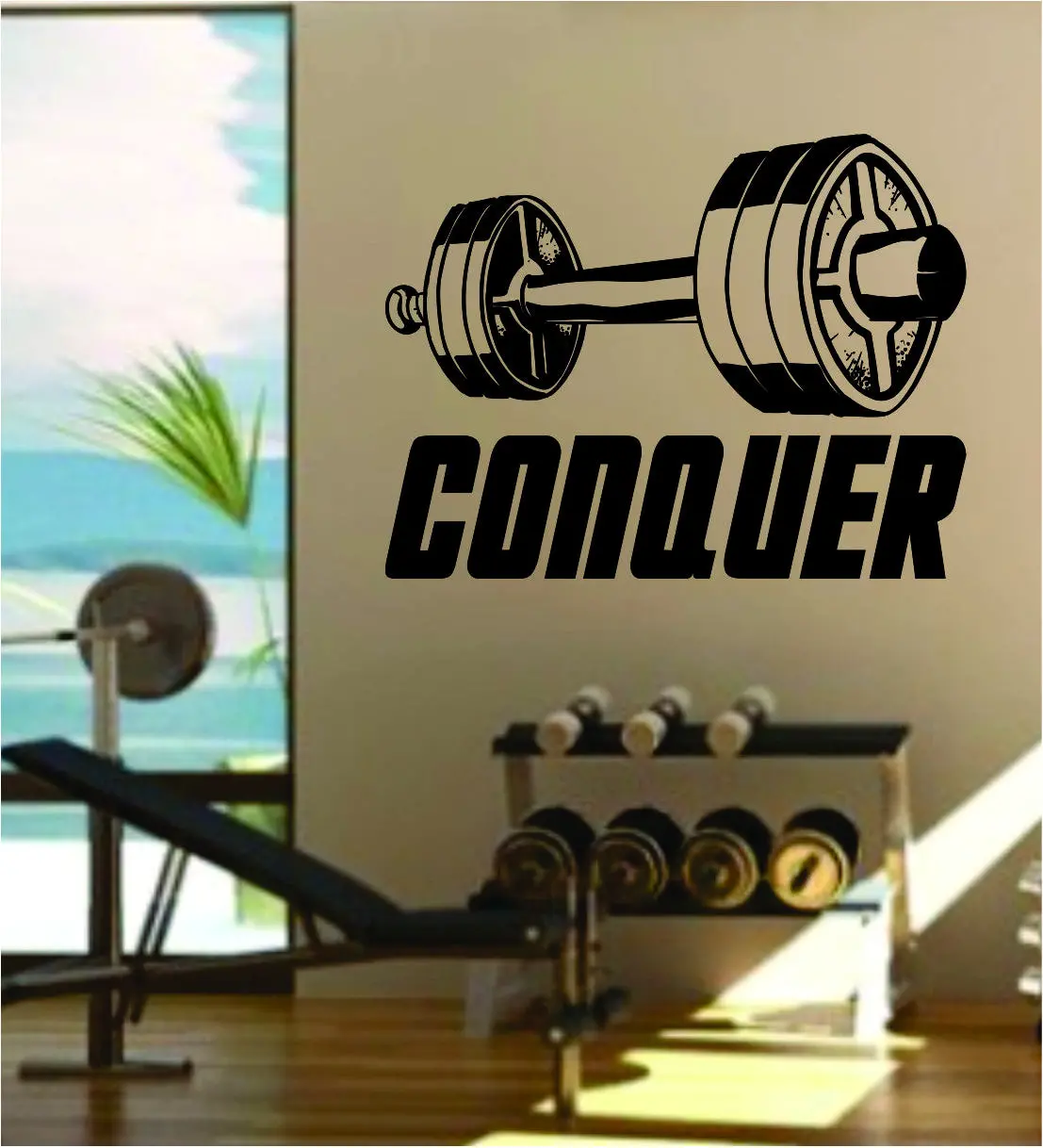 Conquer V2 Quote Fitness Health Work Out Gym Decal Sticker Wall Vinyl Art Wall Room Decor Weights Dumbbell Motivation Inspirational 1
