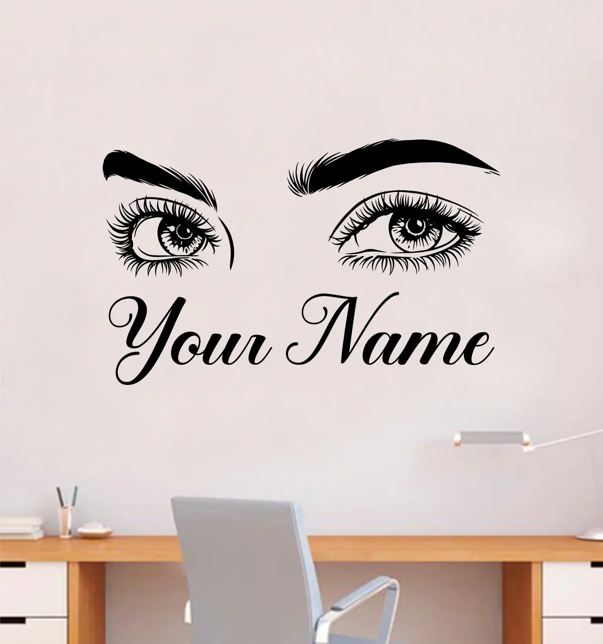 Custom Name Lashes Brows Eyes Wall Decal Sticker Vinyl Home Decor Bedroom Art Makeup Cosmetics Eyebrows Eyelashes Vanity Women Girls Customized Personalized Studio Logo 1