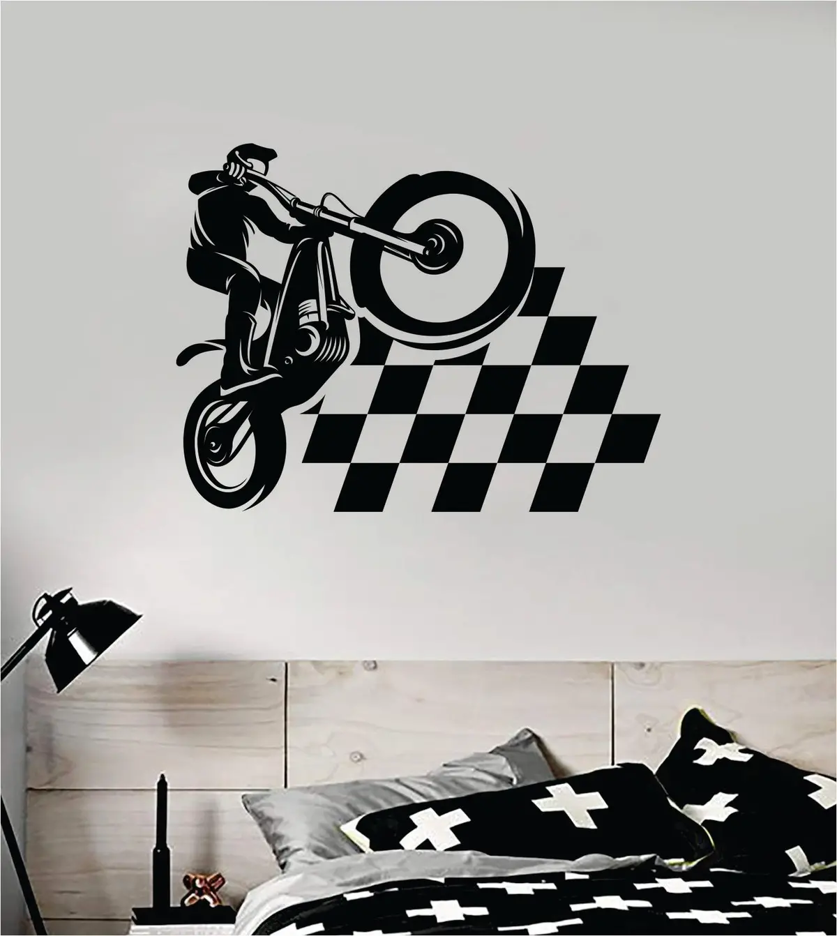 Dirtbike Checkers Motorcycle Sports Decal Sticker Bedroom Room Wall Vinyl Art Home Decor Teen Sports Moto X Rider Biker Race 1