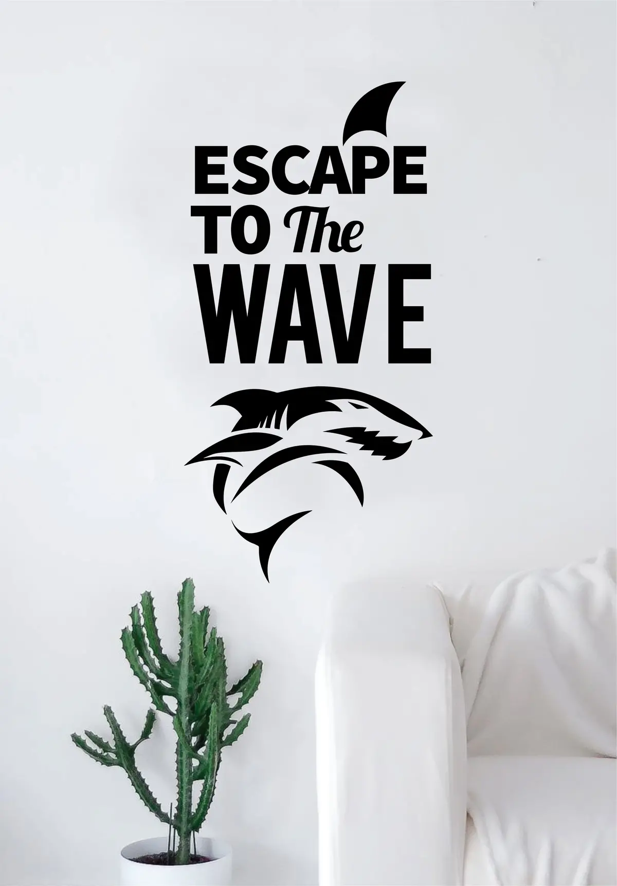 Escape To The Wave Shark Quote Decal Sticker Wall Vinyl Art Home Room Decor Living Room Bedroom Sports Quote Surf Surfing Ocean Beach 1