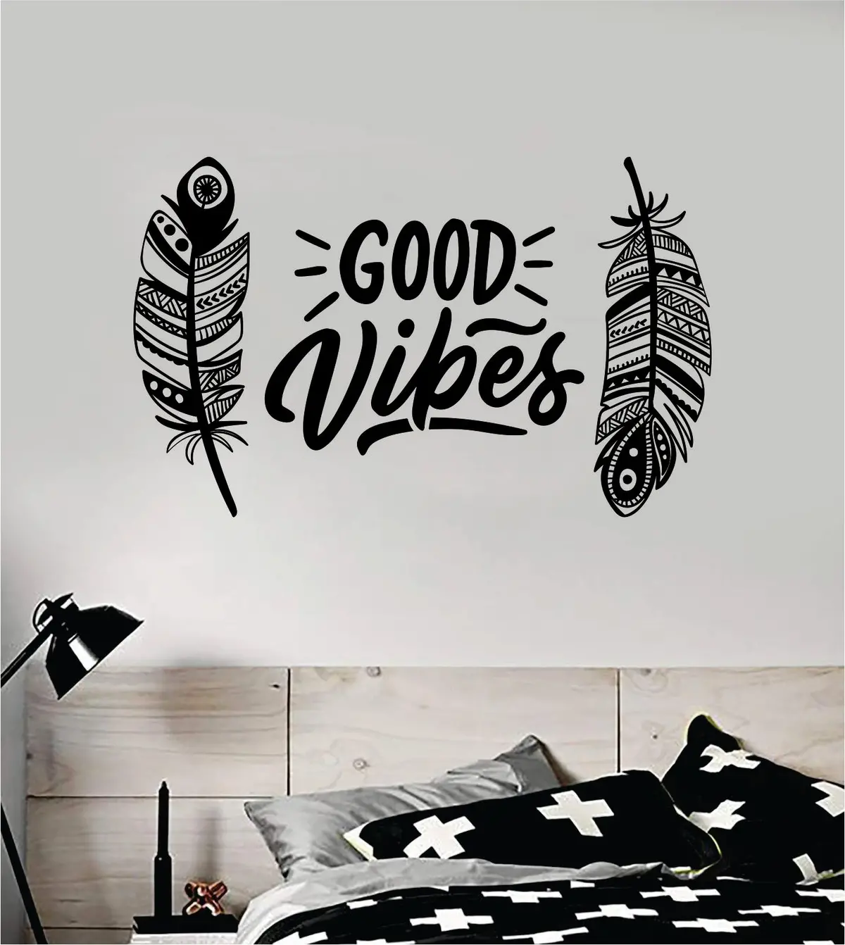 Feathers Good Vibes V3 Decal Sticker Wall Vinyl Art Wall Bedroom Room Home Decor Teen Inspirational Tattoo Boho Baby Kids Adventure Travel 1