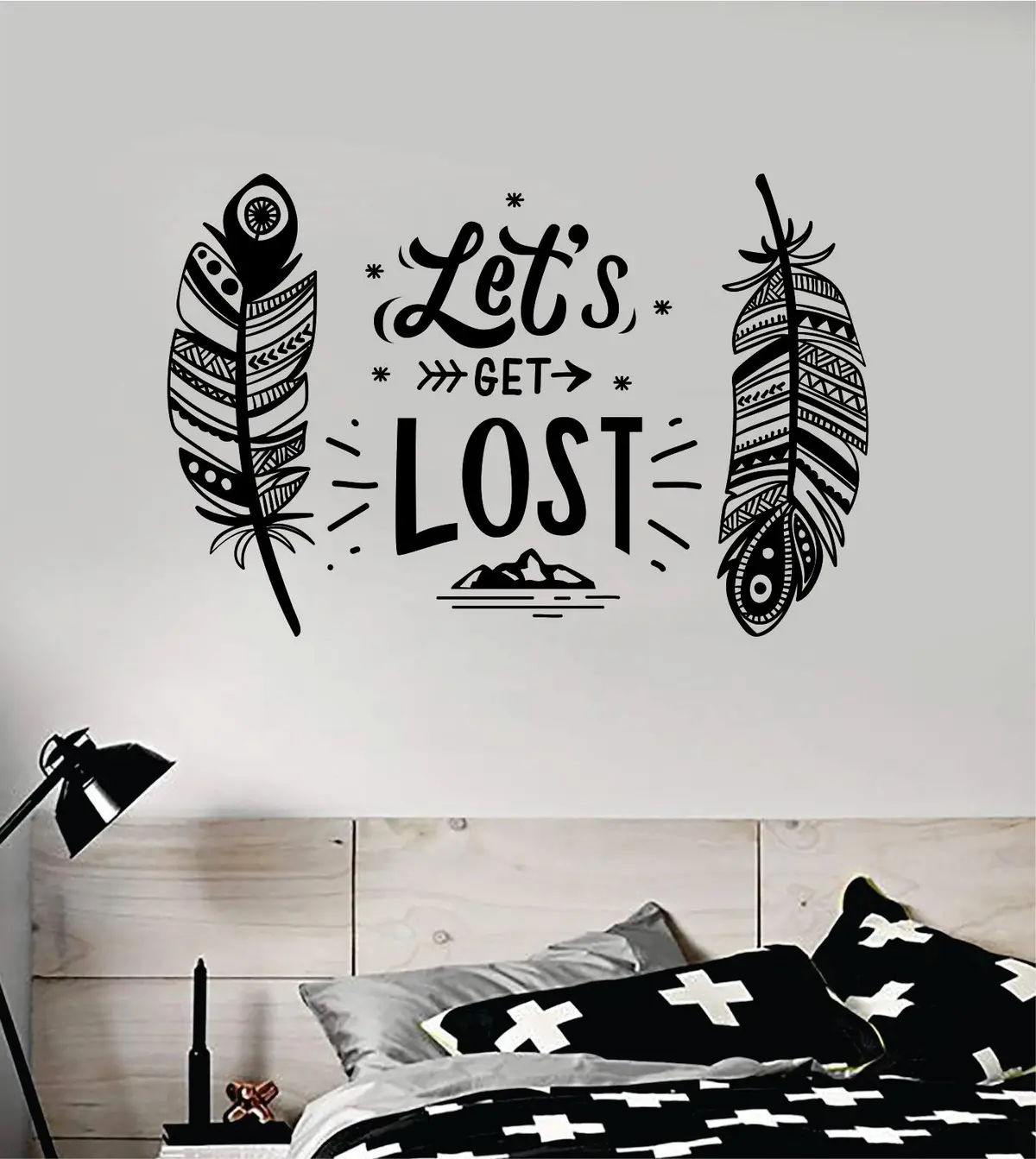 Feathers Let's Get Lost Decal Sticker Wall Vinyl Art Wall Bedroom Room Home Decor Teen Inspirational Tattoo Boho Baby Kids Adventure Travel 1