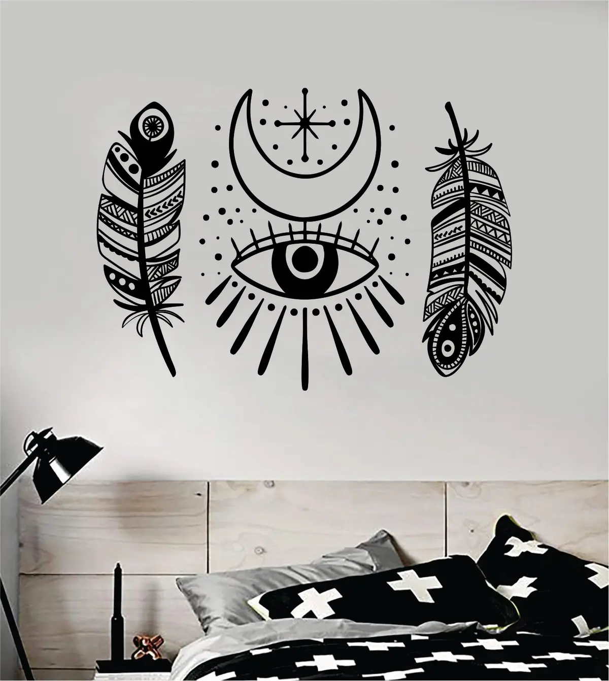 Feathers Moon Eye Decal Sticker Wall Vinyl Art Wall Bedroom Room Home Decor Teen Inspirational Yoga Zen Meditate Namaste Tattoo Boho All Seeing 1