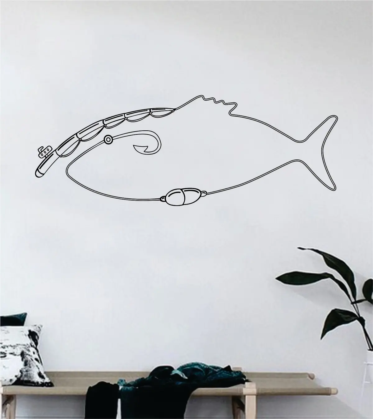 Fishing Pole Fish Decal Sticker Wall Vinyl Art Home Room Decor Living Room Bedroom Ocean Beach Water Fisherman Boat Lake River Nautical 1