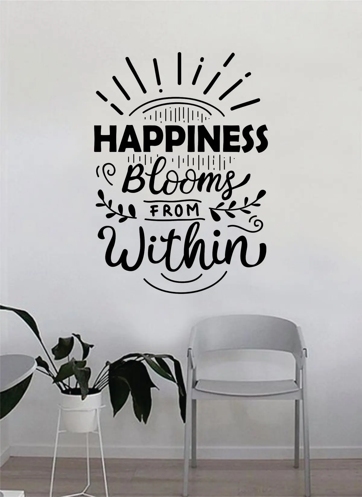 Happiness Blooms From Within Quote Beautiful Design Decal Sticker Wall Vinyl Decor Living Room Bedroom Art Simple Cute Nursery Good Vibes Positive Happiness Smile Girls Teen 1