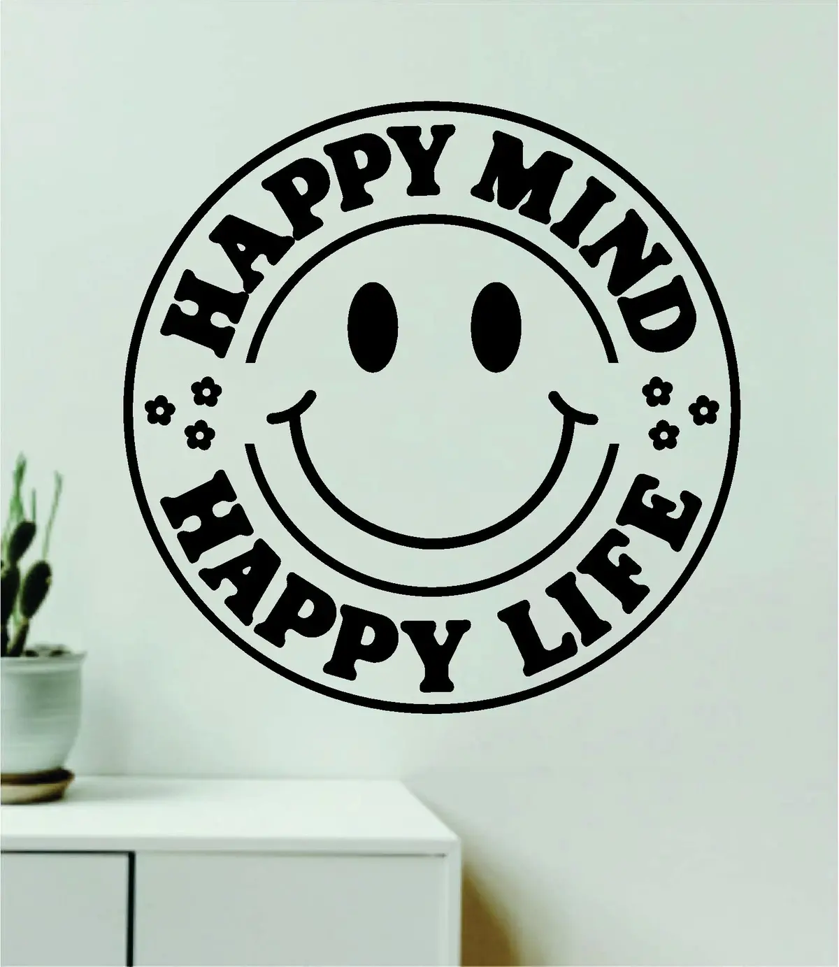 Happy Mind Happy Life Smiley Face Quote Wall Decal Sticker Vinyl Art Decor Bedroom Room Boy Girl Inspirational Motivational School Nursery Classroom Teacher Love Aesthetic Trendy Flowers 1