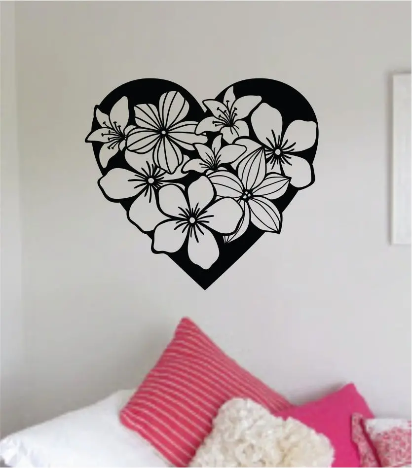 Heart Flowers V2 Quote Wall Decal Sticker Bedroom Home Room Art Vinyl Teen Love Decor School Playroom Nursery Kids Nature Girls 1