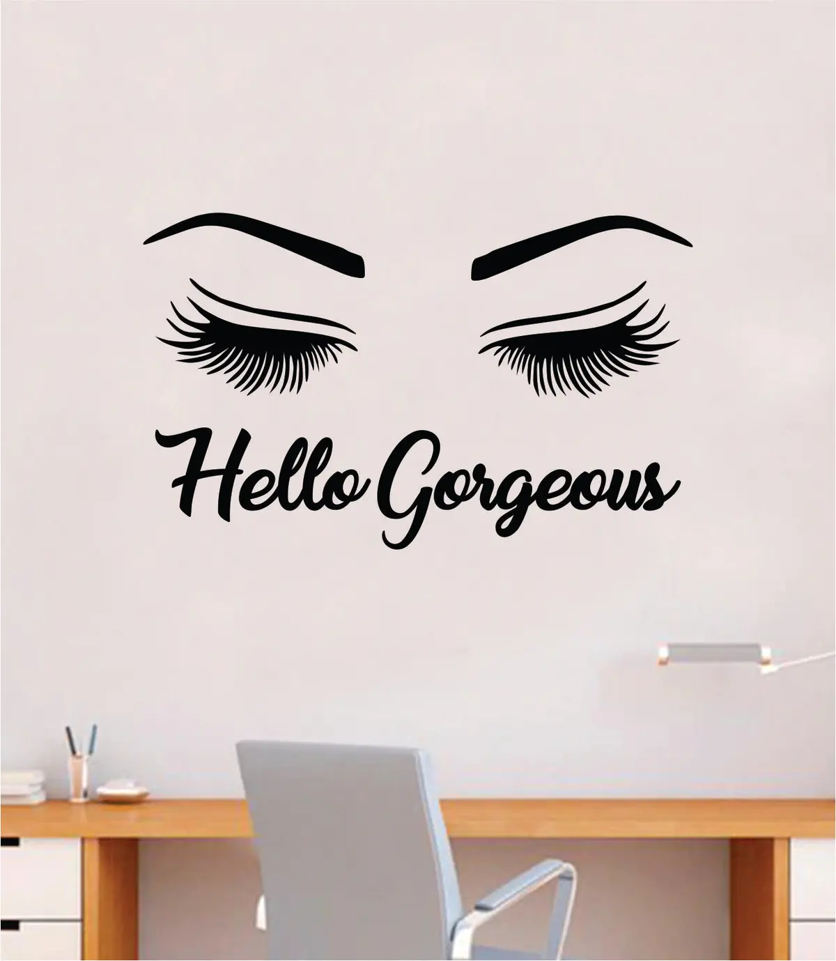 Hello Gorgeous V2 Wall Decal Sticker Vinyl Home Decor Bedroom Art Make Up Cosmetics Beauty Salon Girls Eyes Lashes Brows Eyelashes Eyebrows 1