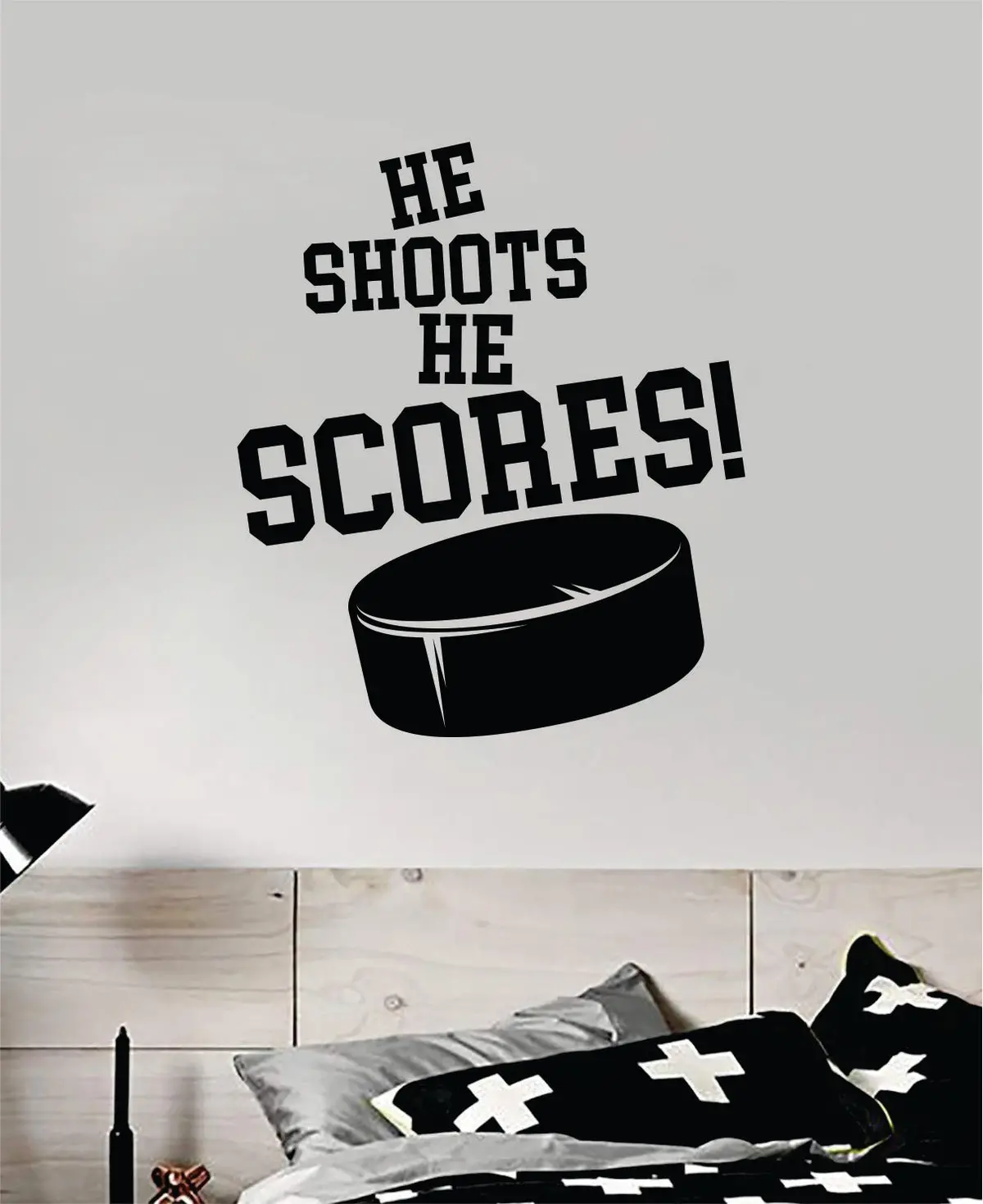 Hockey He Shoots He Scores Wall Decal Sticker Vinyl Art Bedroom Room Home Decor Quote Kids Teen Baby Boy Girl Nursery Ice Skate Puck Stick Nhl Winter Sports 1