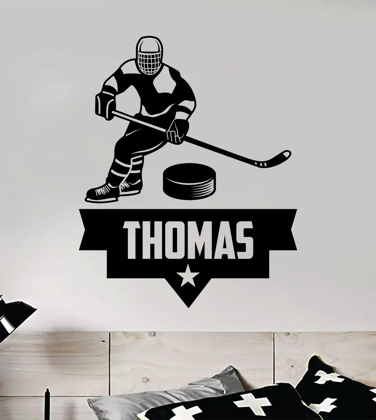Custom Hockey Name Wall Decal Sticker Vinyl Art Bedroom Room Home Decor Quote Kids Teen Nursery Baby Boy Girl Man Cave Ice Skate Puck Stick Winter Sports 2