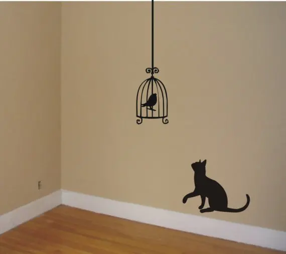 Cat Staring At Birdcage Design Animal Decal Sticker Wall Vinyl Decor Art 1