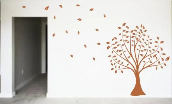 Modern Tree And Flying Leaves Decor Nature Decal Sticker Wall Vinyl Art Design 1