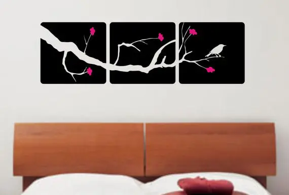 3 Box Panel With Branch Flowers And Bird Decor Nature Decal Sticker Wall Vinyl Art Design 1