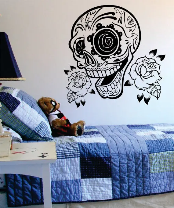 Sugar Skull And Roses Art Decal Sticker Wall Vinyl 1