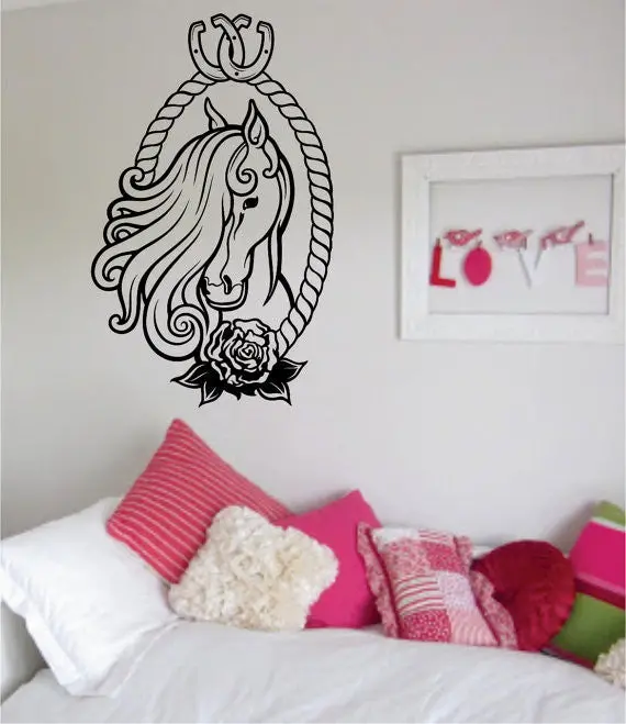 Horse Rose And Horseshoes Design Animal Decal Sticker Wall Vinyl Decor Art 1