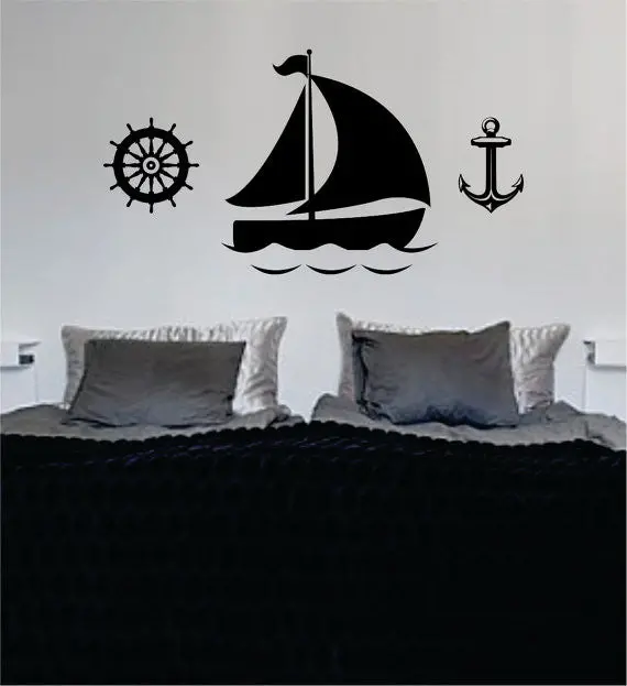 Boat Anchor And Steering Wheel Nautical Ocean Beach Decal Sticker Wall Vinyl Art Decor 1