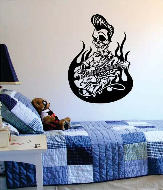 Greaser Skull Playing Guitar Music Art Decal Sticker Wall Vinyl 1
