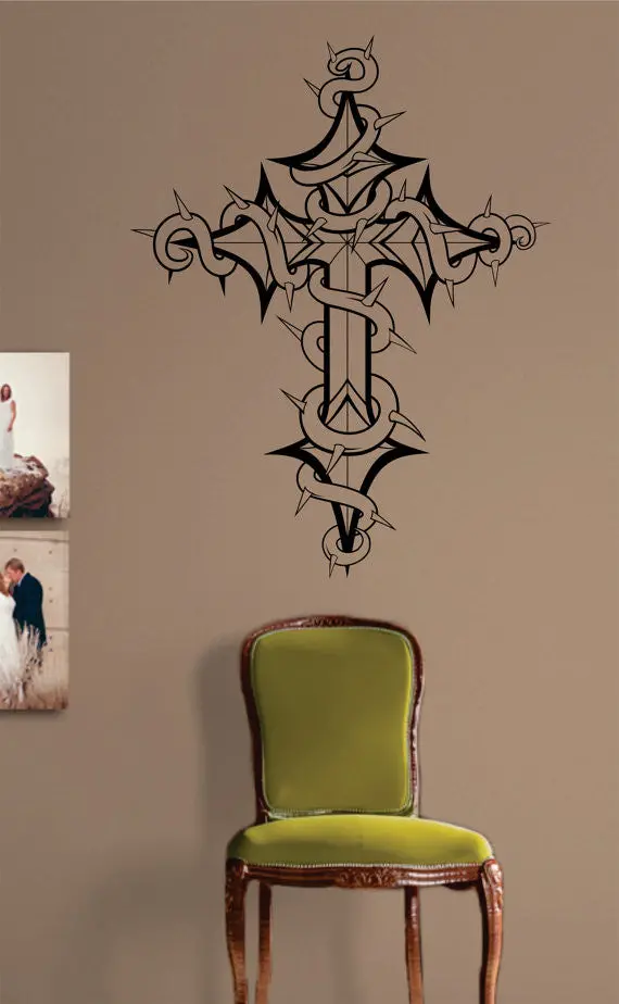 Cross With Thorns Religious Decal Sticker Wall Vinyl Art Home Room Decor 1