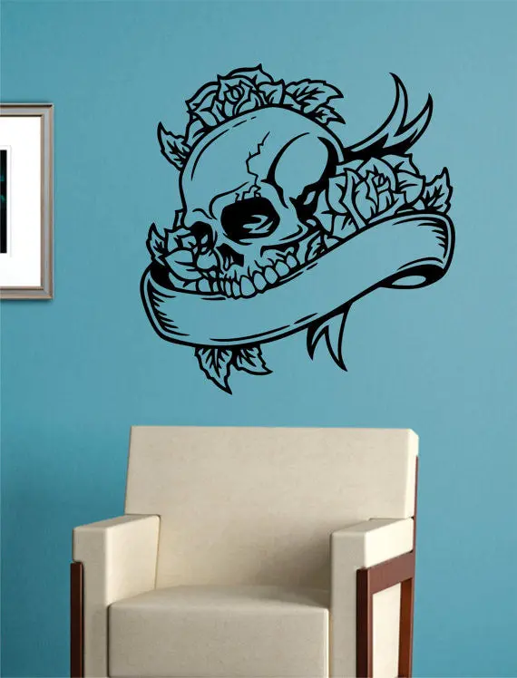 Skull Roses And Banner Art Decal Sticker Wall Vinyl 1