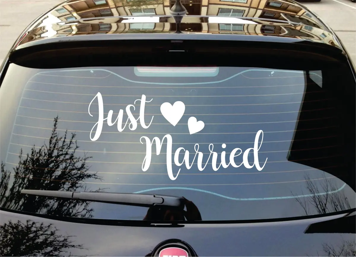 Just Married Car Decal Quote Sticker Wall Vinyl Art Decor Husband Wife Newly Wed Marriage Love Cute Beautiful Wedding Hearts 1
