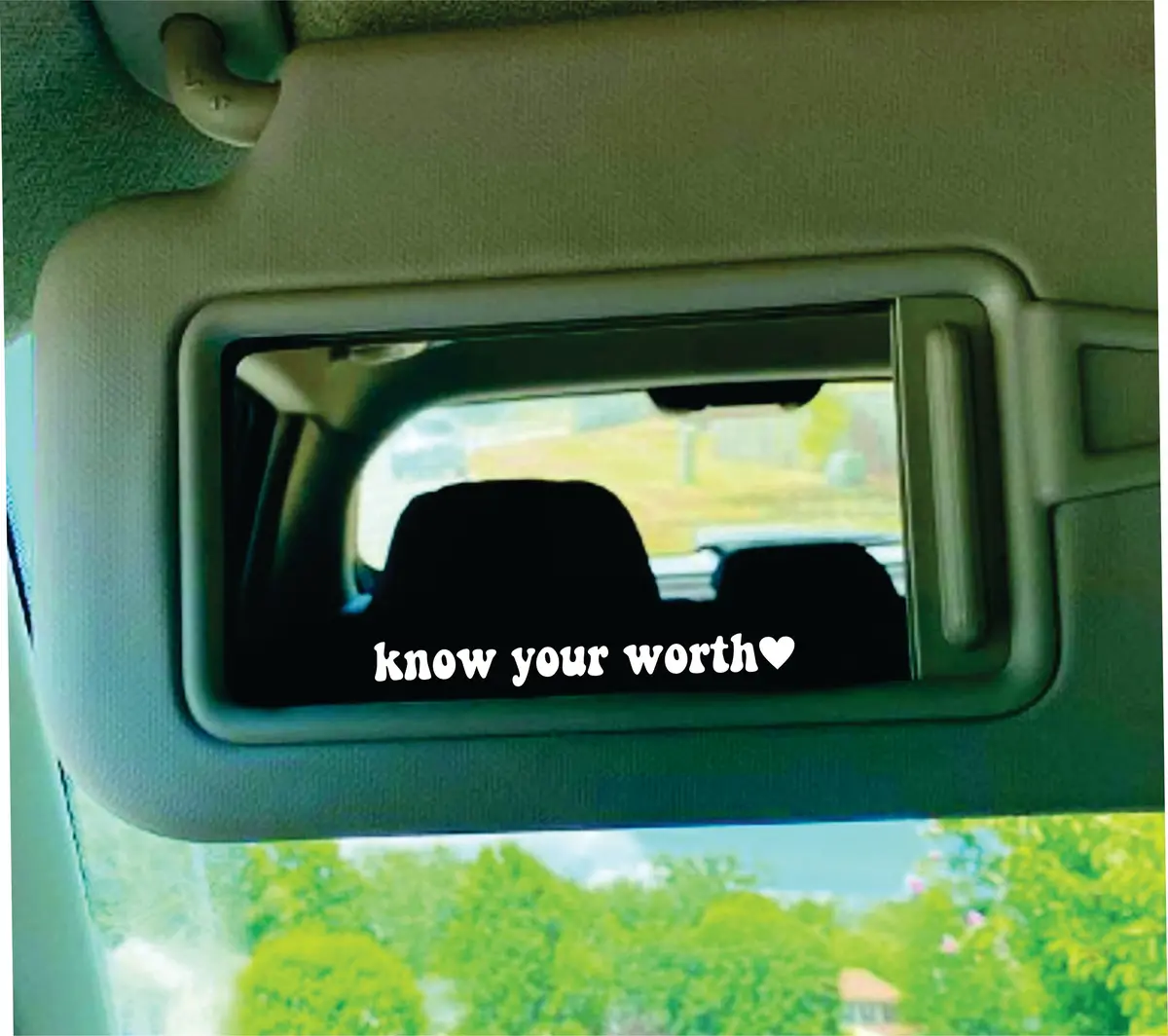 Know Your Worth Heart Car Mirror Decal Truck Window Rearview Windshield Jdm Bumper Sticker Vinyl Lettering Quote Girls Mom Milf Beauty Make Up Selfie Girlfriend Cute Groovy Mental Health Affirmations 1