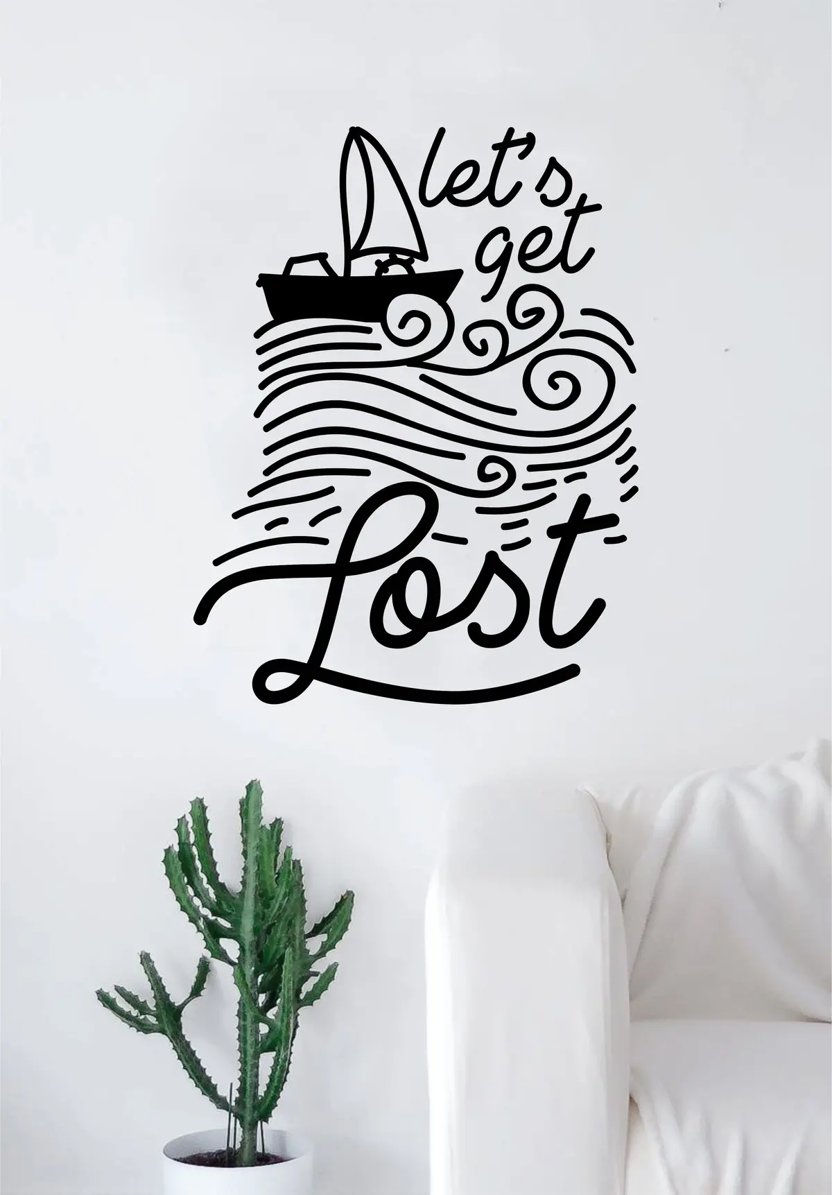 Let's Get Lost Boat Waves Quote Decal Sticker Wall Vinyl Art Home Room Decor Travel Adventure Inspirational Wanderlust Nautical Ocean Beach 1