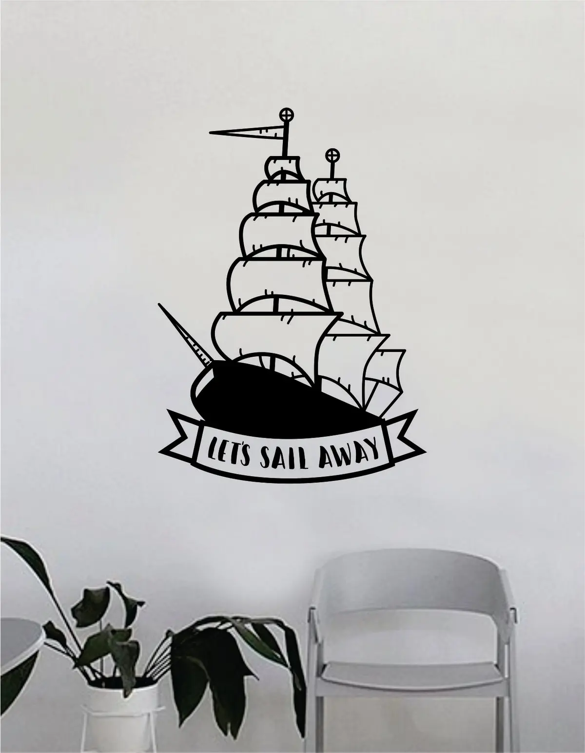 Let's Sail Away Boat Wall Decal Decor Decoration Sticker Vinyl Art Bedroom Room Nautical Adventure Travel Inspirational Quote Sailboat Ocean Sea Beach 1
