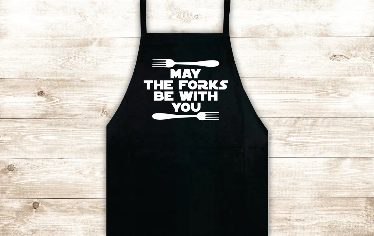May The Forks Be With You Apron Heat Press Vinyl Bbq Barbeque Cook Grill Chef Bake Food Kitchen Funny Gift Men Girls Star Wars Yoda Force Jedi Vader 1