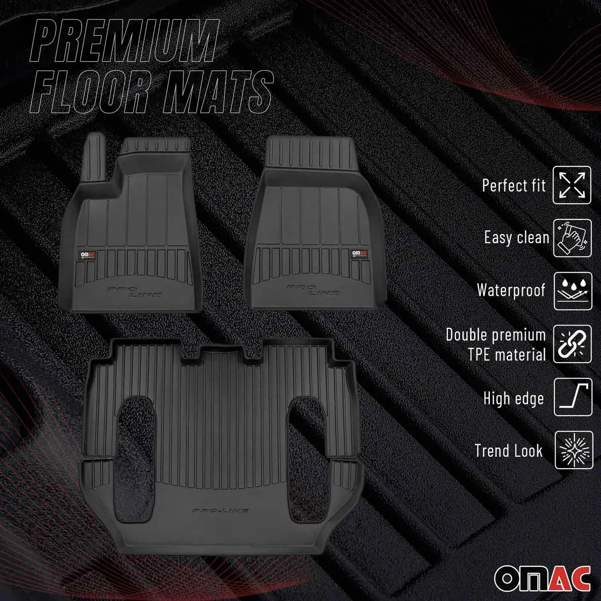 Omac Usa Premium Floor Mats Liners For Tesla Model X – Fits 2016-2020 6-Passenger (Black, 3 Pcs, All Weather Heavy Duty) 1