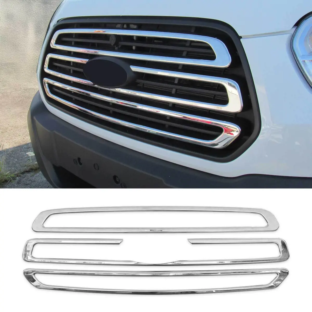 Omac Usa Front Bumper Grille Trim – Fits 2015–2020 Ford Transit 150/250/350 – Stainless Steel Chrome Mirror Finish, 3 Pcs 1
