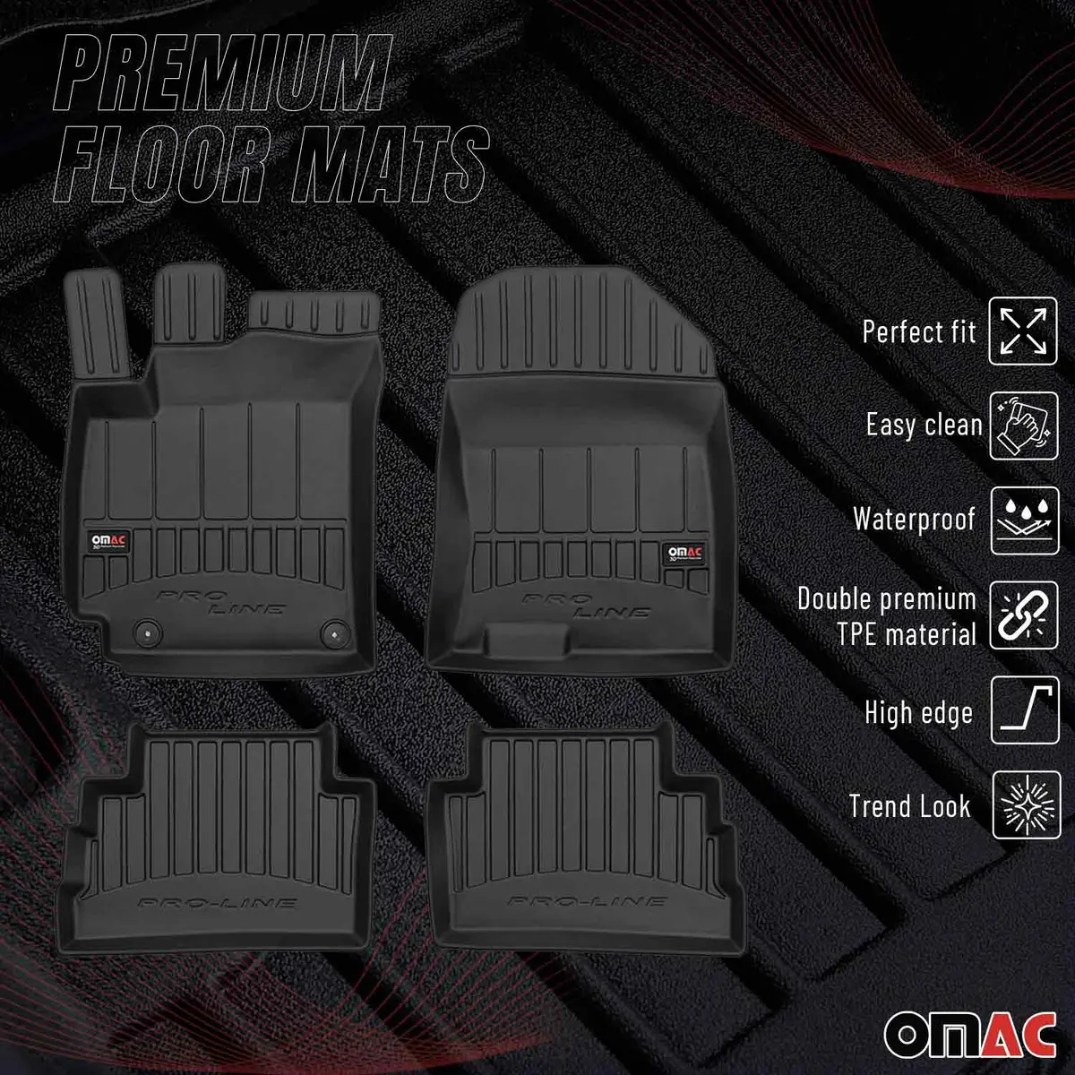 Omac Usa Premium Floor Mats Liners For Cars – Fits 2018-2023 Hyundai Kona (Black, 4 Pcs, All Weather Heavy Duty) 1