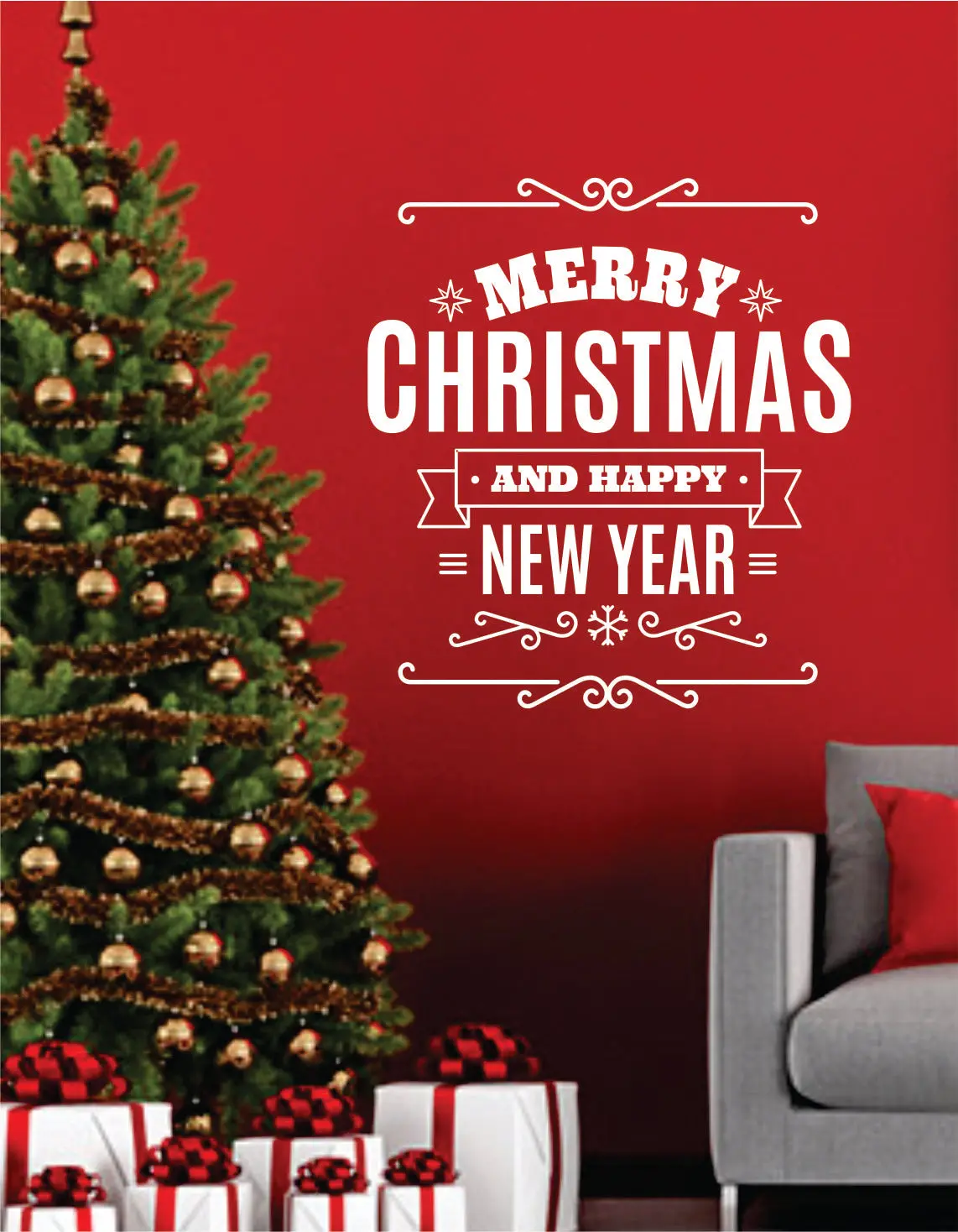 Merry Christmas And Happy New Year Quote Wall Decal Sticker Bedroom Living Room Art Vinyl Beautiful Inspirational Decor Xmas Tree Joy Santa Decoration Holidays 1