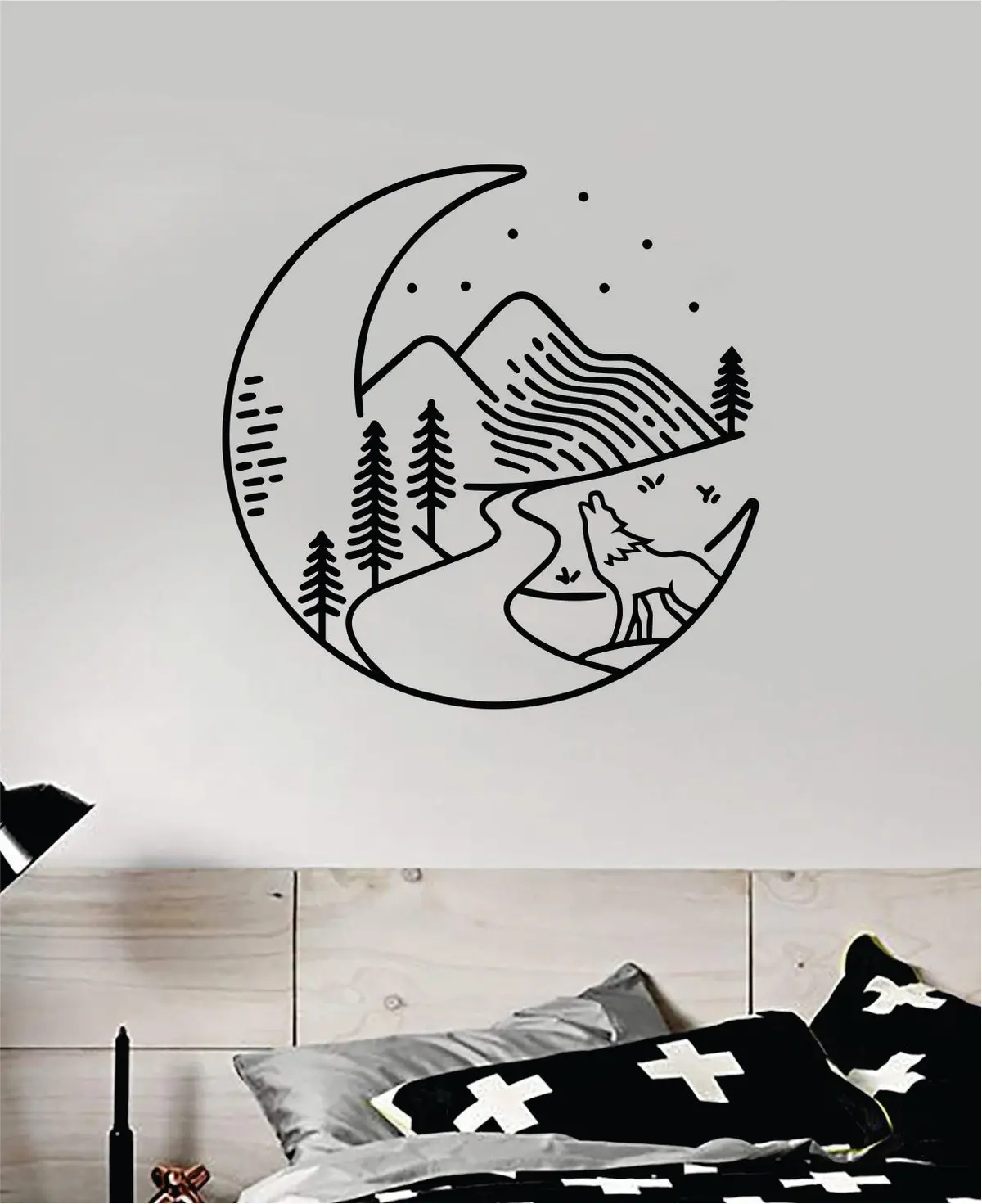 Moon Mountains V3 Wall Decal Sticker Bedroom Room Art Vinyl Beautiful Inspirational Travel Adventure Wanderlust Teen Kids Baby Nursery Trees Stars Moon Wolf 1