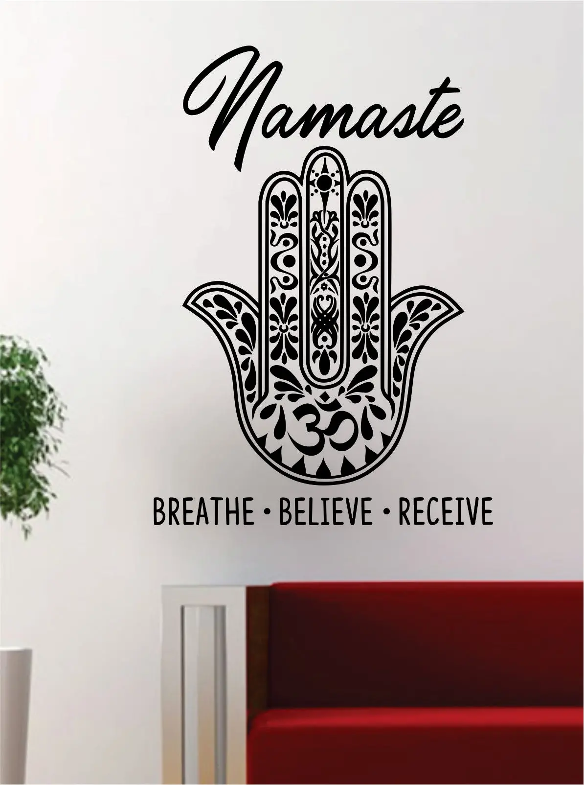 Namaste Hamsa Hand Decal Sticker Wall Vinyl Art Wall Bedroom Room Home Decor Teen Inspirational Yoga Zen Meditate Breathe Believe Receive 1